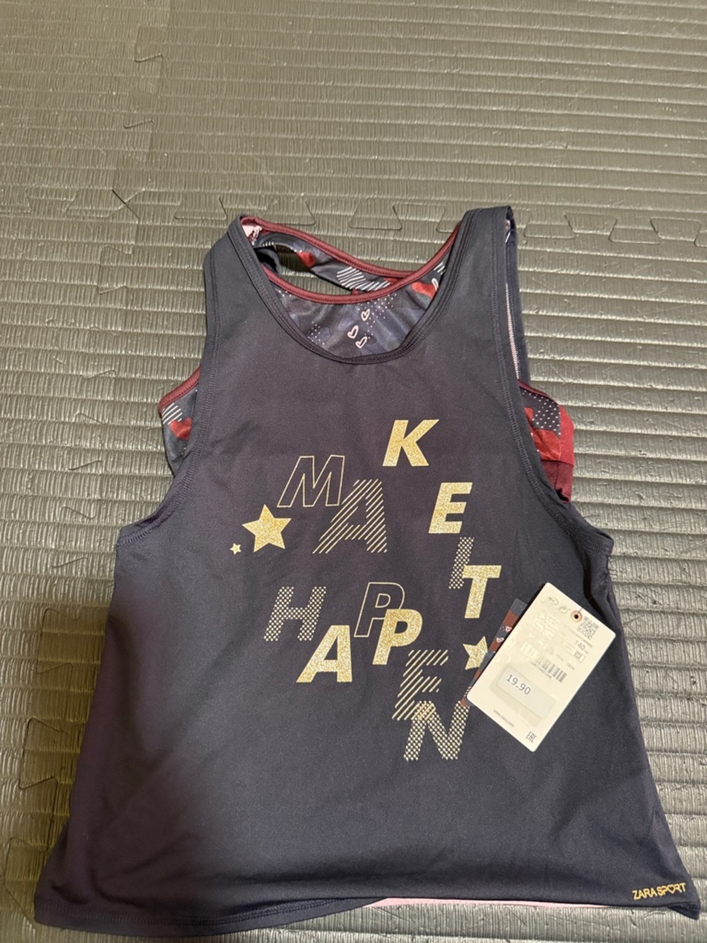 Zara Navy Athletic Tank with Gold Graphic